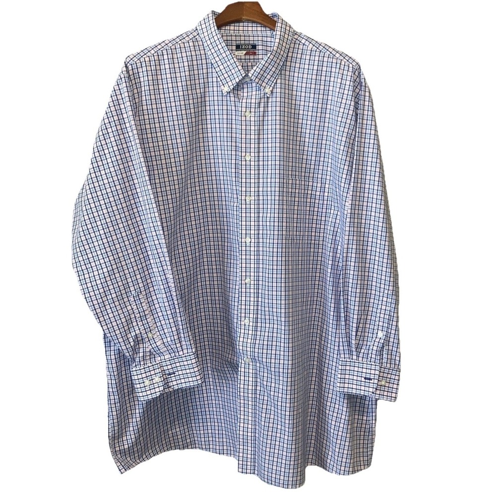 Izod Shirt Mens 20 Tall 35/36 Blue Pink Check Lg Sleeve Classic Preppy Business
